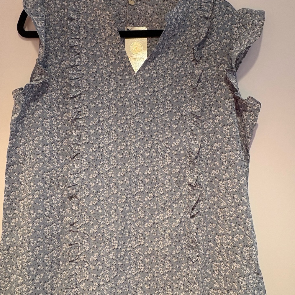 Amazon Essentials Blue Floral Ruffle Blouse